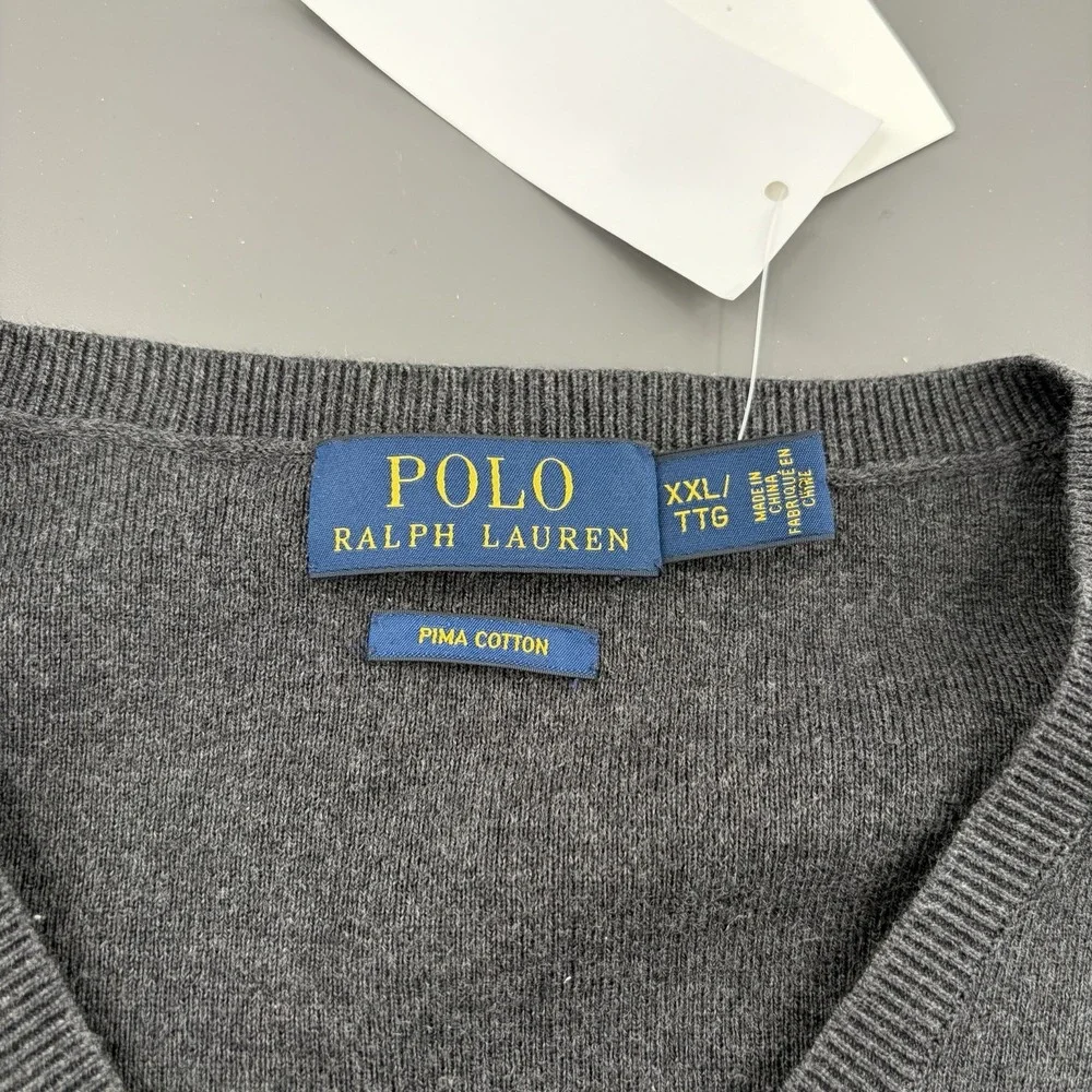 NWT Polo Ralph Lauren Pima Cotton V-Neck Sweater Mens 2XL Heather Navy Pony‎